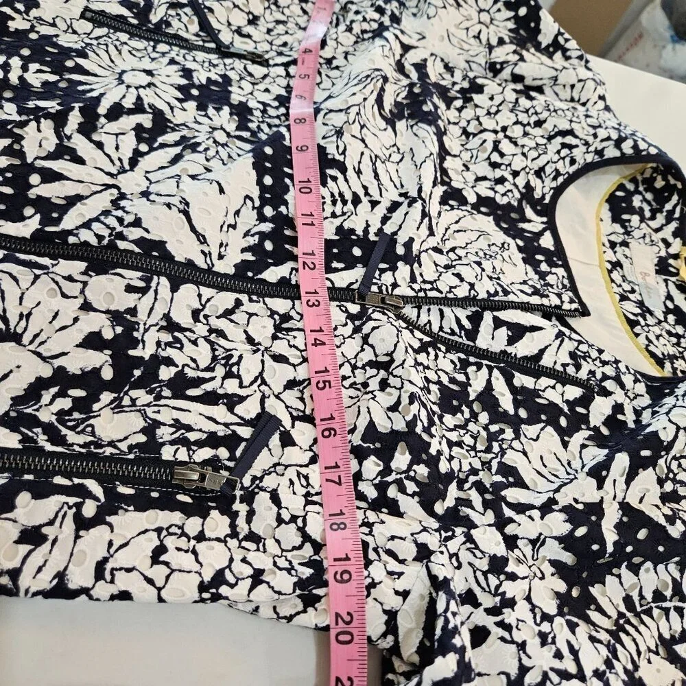 Boden Amelie Broderie Biker Jacket Sz 10 White Black Zip Front Floral Officewear
